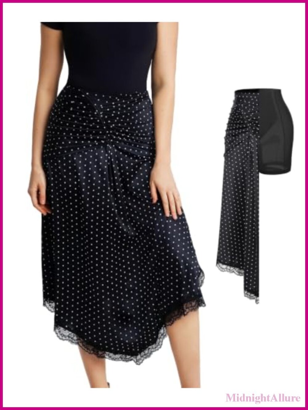 Satin Midi Skirt with Built-in Shapewear Lace Mermaid Slit - Women's Casual